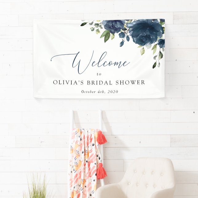 Blaue Blumen, Grünpflanzen, Boho, Bridal Willkomme Banner (Insitu)