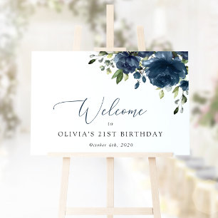 Blaue Blumen, Grünpflanzen, Geburtstag Willkommen Poster
