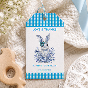 Blaue Blumen-Hasen-Geschenkanhänger zum 1. Geburts Geschenkanhänger