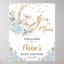 Blaue Blumen-Hasen-Kaninchen-Mond-Baby-Shower-Will