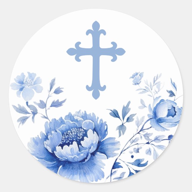 Blaue Blumen Heiliger Kreuzsticker Runder Aufkleber (Vorderseite)