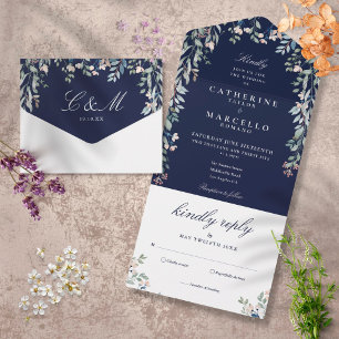 Blaue Blumen-Hochzeit All In One Einladung