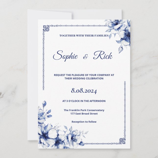 Blaue Blumen Hochzeit Einladung (Vorderseite)