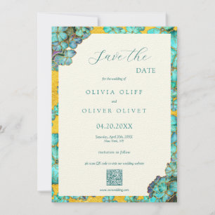 Blaue Blumen Hochzeit Termin QR Code Einladung