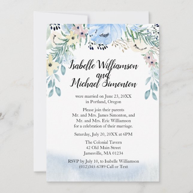 Blaue Blumen Hochzeitsempfang Einladungen (Vorderseite)