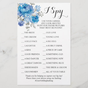 Blaue-Blumen-Hochzeitsempfang-I-Spy-Spielkarte Flyer