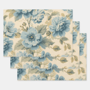 Blaue Blumen im Vintage-Stil Botanische Natur  Geschenkpapier Set