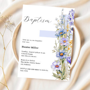Blaue Blumen Kreuz Junge Taufe Einladung