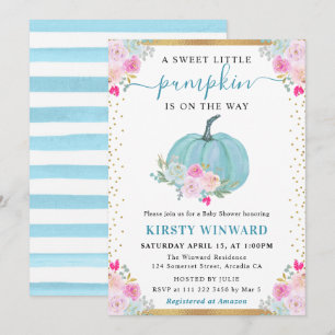 Blaue Blumen-Kürbis Herbst-Baby-Party Einladung