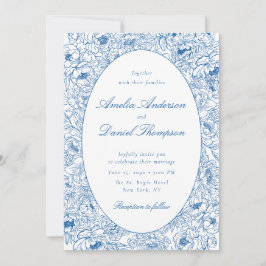 Blaue Blumen-Linienkunst-Hochzeitseinladung Einladung