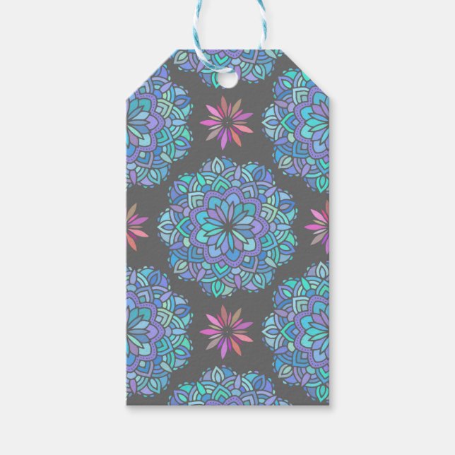 Blaue Blumen-Mandala Geschenkanhänger (Vorderseite)