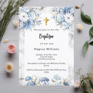 Blaue Blumen Marmorbogen Gold Taufe Einladung