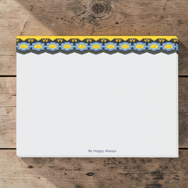 Blaue Blumen mit gelber und schwarzer Umrandung Post-it Klebezettel (Made by hand with love. Blue floral edge with bright yellow and black and add your own quote below.)