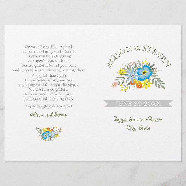 Blaue Blumen moderne florale Hochzeitsprogramm (Vorderseite)
