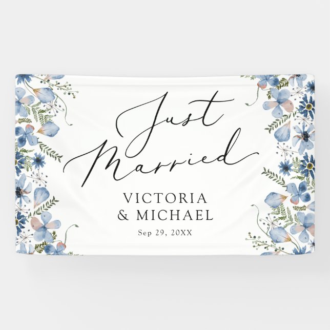 Blaue Blumen Moderne nur verheiratet Banner (Horizontal)