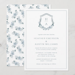 Blaue Blumen-Monogramm-Hochzeit Einladung