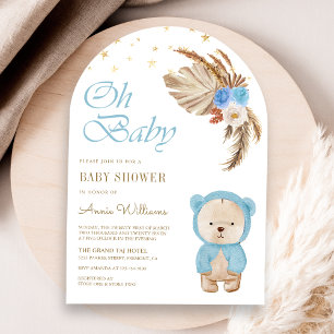 Blaue Blumen Pampas Teddybär Bogen Baby Shower Einladung
