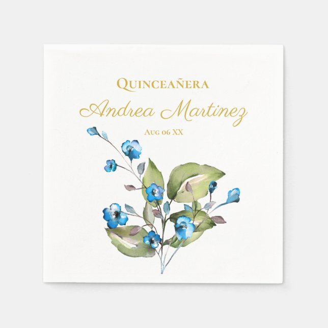 Blaue Blumen Personalisiert Quinceañera Serviette (Vorderseite)