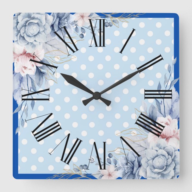 Blaue Blumen Quadratische Wanduhr (Vorderseite)