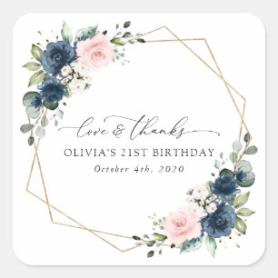 Blaue Blumen, rosa Blumen, Boho, Geburtstag Quadratischer Aufkleber