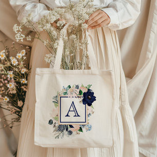 Blaue Blumen-Rosen-Monogramm-Tasche Tragetasche