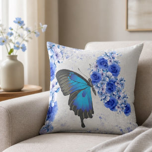 Blaue Blumen-Schmetterlings-Quadratkissen Kissen