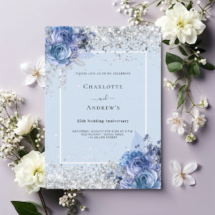 Blaue Blumen Silber 25. Hochzeitstag Einladung