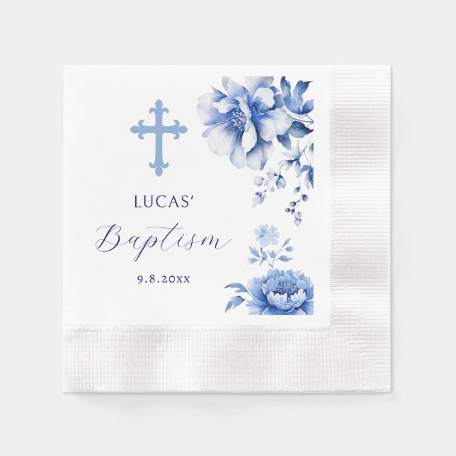 Blaue Blumen Taufpapier Napkin Serviette (Vorderseite)