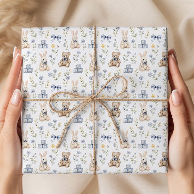 Blaue Blumen-Teddybär-Hasen-Kinderzimmer Geschenkpapier (Von Creator hochgeladen)