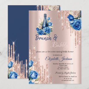 Blaue Blumen Tropfen Brunch & Bubbly Einladung