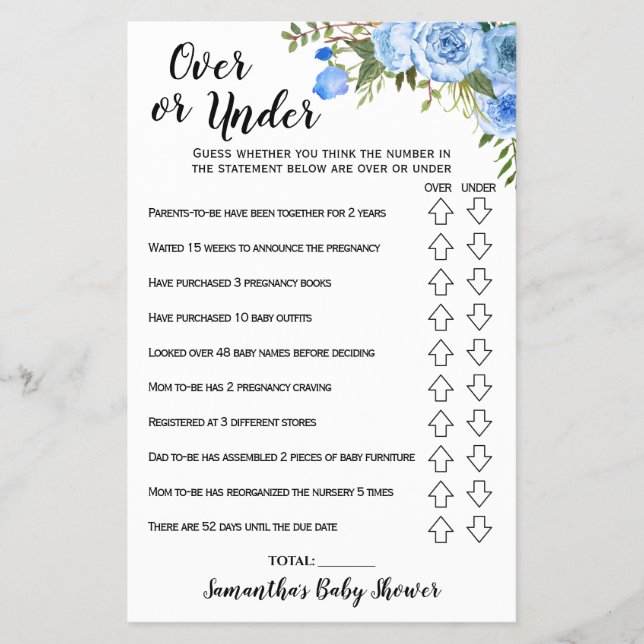 Blaue Blumen Über oder unter Baby Shower Game Card Flyer (Vorne)