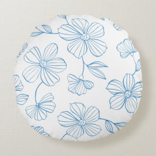 Blaue Blumen und Blätter mit Umrandung Rundes Kissen
