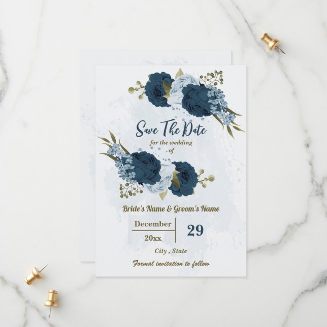 Blaue Blumen und botanische Hochzeit Save The Date (Vorderseite/Rückseite Beispiel)