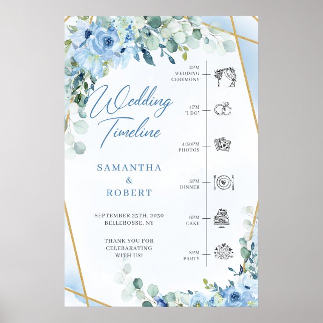 Blaue Blumen und Eukalyptus Gold Hochzeit Timeline Poster (Vorne)