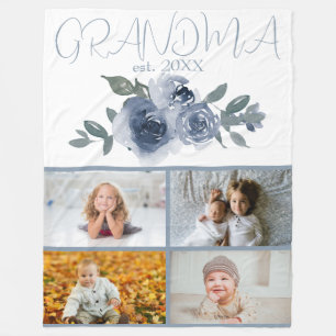 Blaue Blumen und Fotos für Oma Fleecedecke