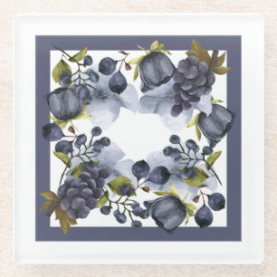 Blaue Blumen und Früchte im Rahmen Glasuntersetzer