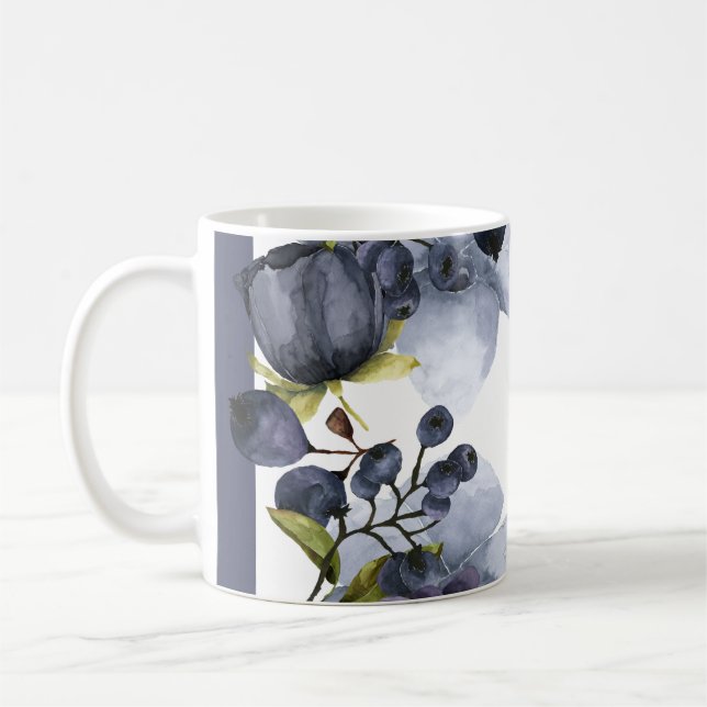 Blaue Blumen und Früchte im Rahmen Kaffeetasse (Links)
