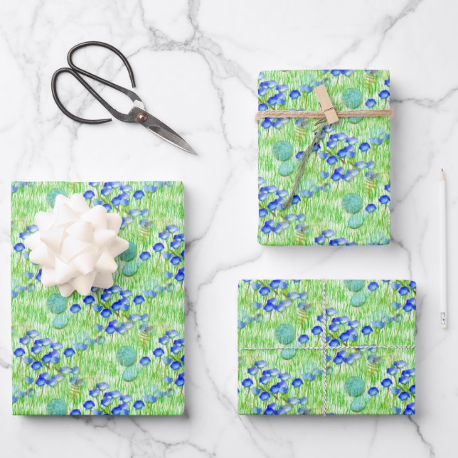 Blaue Blumen und Graslandschaften Kunstmuster Geschenkpapier Set (Vorderseite)
