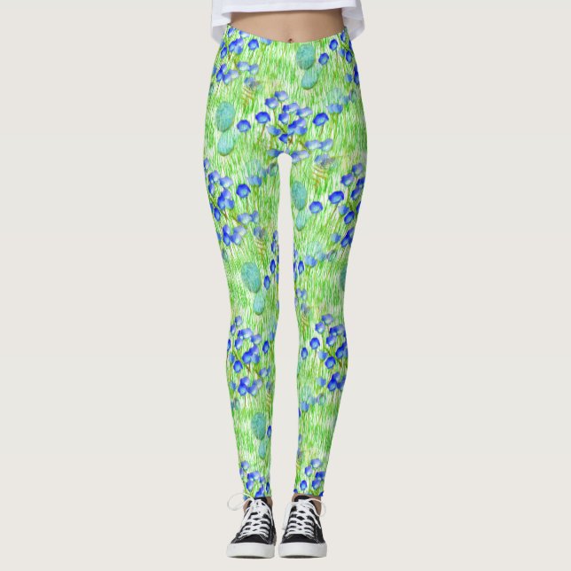Blaue Blumen und Graslandschaften Kunstmuster Leggings (Vorderseite)