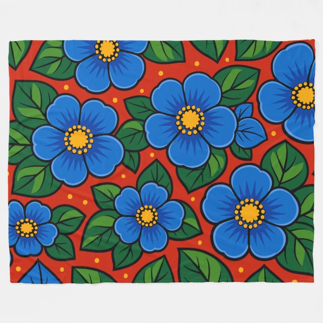Blaue Blumen und grüne Blätter auf rotem Hintergru Fleecedecke (Vorderseite (Horizontal))