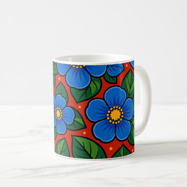 Blaue Blumen und grüne Blätter auf rotem Hintergru Kaffeetasse (VorderseiteRechts)