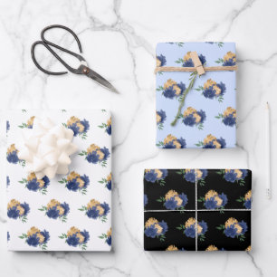 Blaue Blumen und Grünmuster Geschenkpapier Set