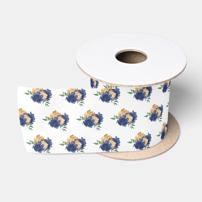 Blaue Blumen und Grünmuster Satinband (Spule)