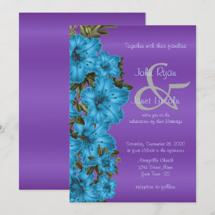 Blaue Blumen und Lila Satin Hochzeitseinladungen Einladung
