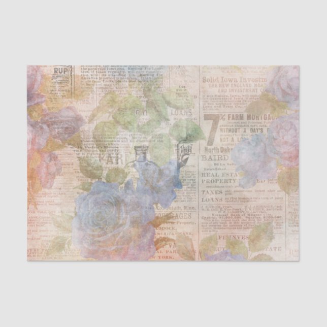 Blaue Blumen und Newsprint Ephemera Seidenpapier (Vorderseite)