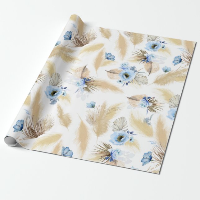 Blaue Blumen und Pampas Grass Elegant Geschenkpapier (Ungerollt)