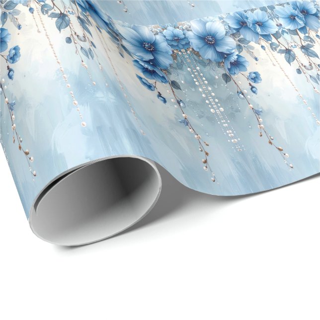 Blaue Blumen und Perlen Geschenkpapier (Rolleneckpunkt)