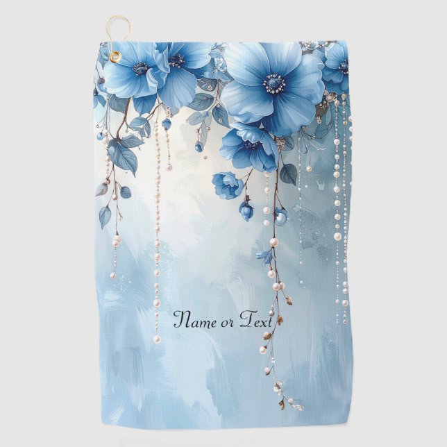 Blaue Blumen und Perlen Golfhandtuch (Vorderseite)