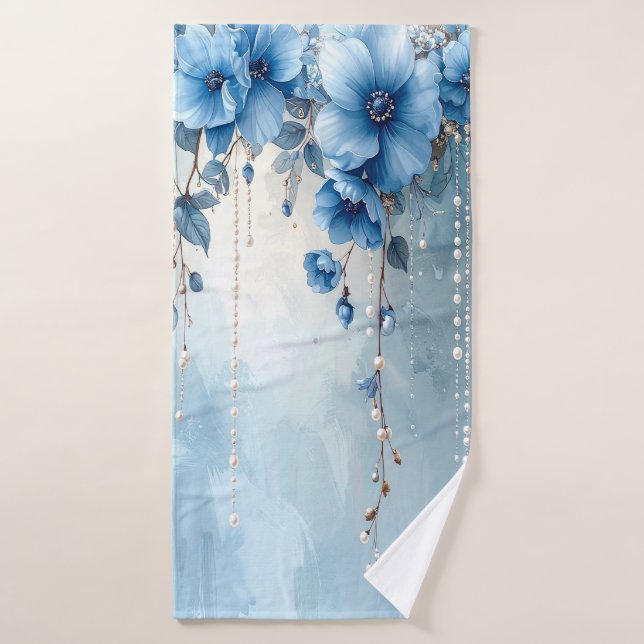 Blaue Blumen und Perlen Handtuch-Set Badhandtuch Set (Badehandtuch)