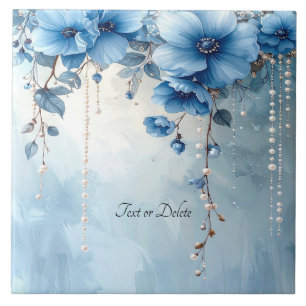 Blaue Blumen und Perlen Keramikfliese